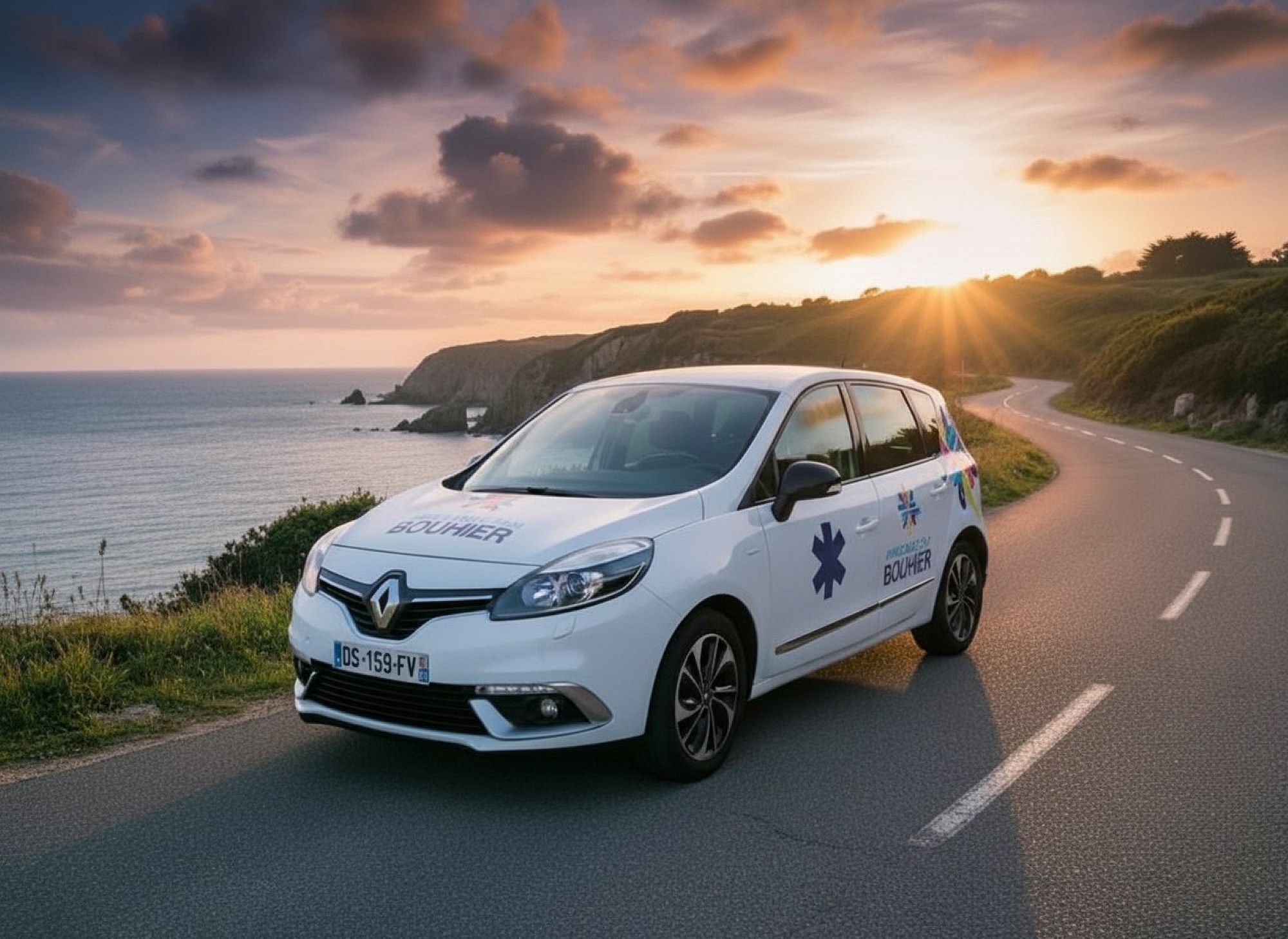 Taxi Bouhier sur une route côtière du Sud-Vendée au coucher du soleil